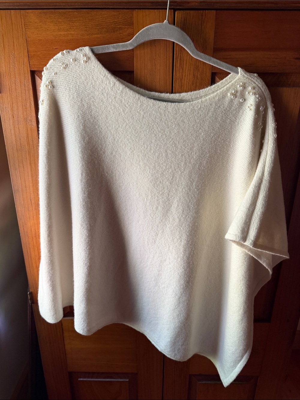 Talbots Cream Pearl-Accent Poncho Sweater